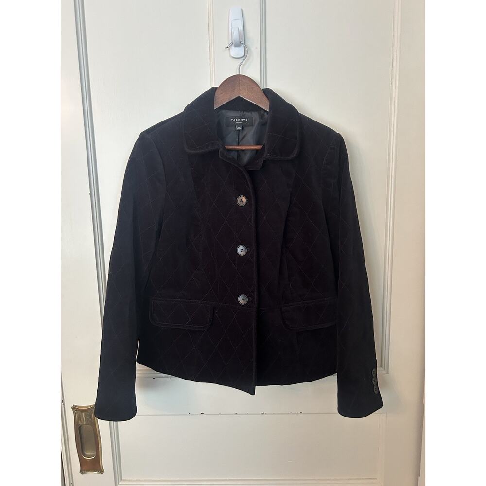Talbots Quilted Velvet Blazer Jacket Womens Size 12P Black Classic Goth Whimsy